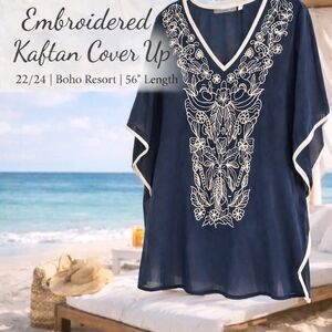 Swimsuits For All Navy Embroidered Kaftan Cover Up Dress 22/24 Boho Resort Beach